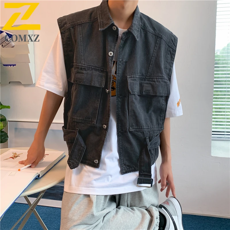 الرجال الكورية نمط المتضخم سترة جينز الصيف غسلها عمال جاكيت بلا إكمام خمر المتعثرة ملابس الشارع الشهير طبقات #5