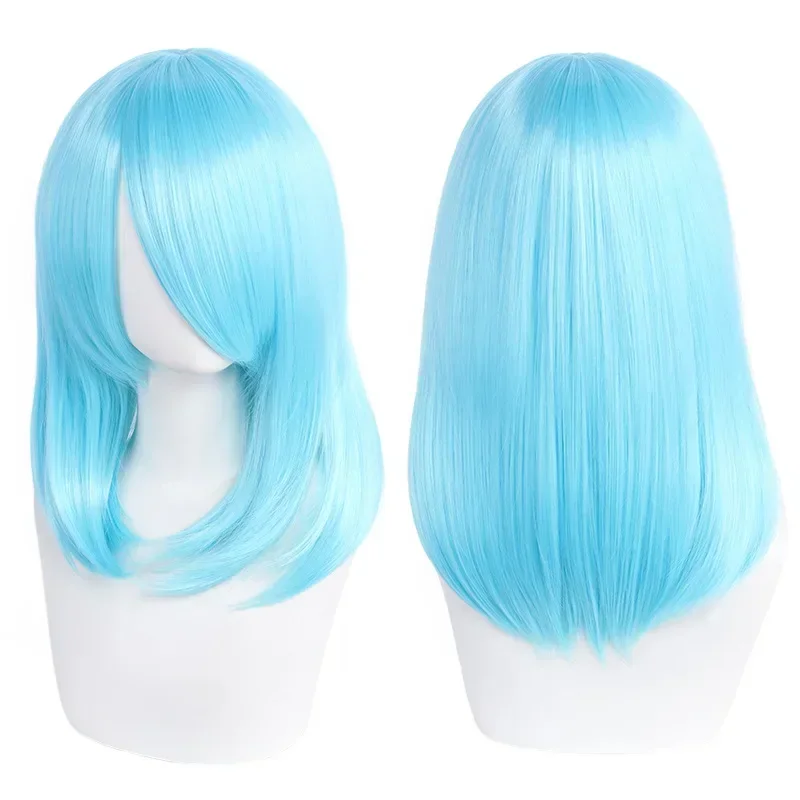 Neue 45cm Mittellange Anime Cosplay Perücke mit Pony in Blond, Schwarz, Weiß, Rot, Pink, Grün, Braun, Gold, Blau, Hitzebeständige Synthetische Haarperücken – Detail 28