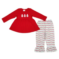 Wholesale Baby Girl Toddler Christmas Tree Embroidery Red Top Striped Pants Outfits Kids Children Long Sleeve Two Pieces Set