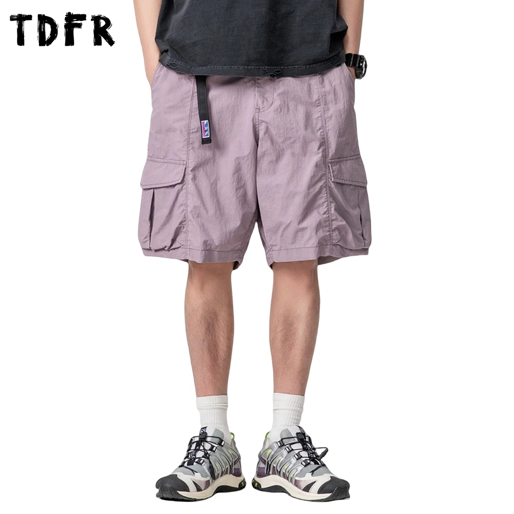 Pocket Solid Cargo Shorts Mens Summer Casual Safari Style Elastic Waist Belt Baggy Wide Leg Quick Dry Knee-length Shorts Man