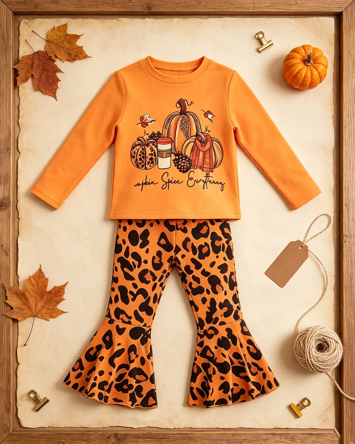 Kids' Autumn Winter Clothing Set with round Neck Pumpkin Pattern Long Sleeve Top And Elastic Waist Leopard Print Pants