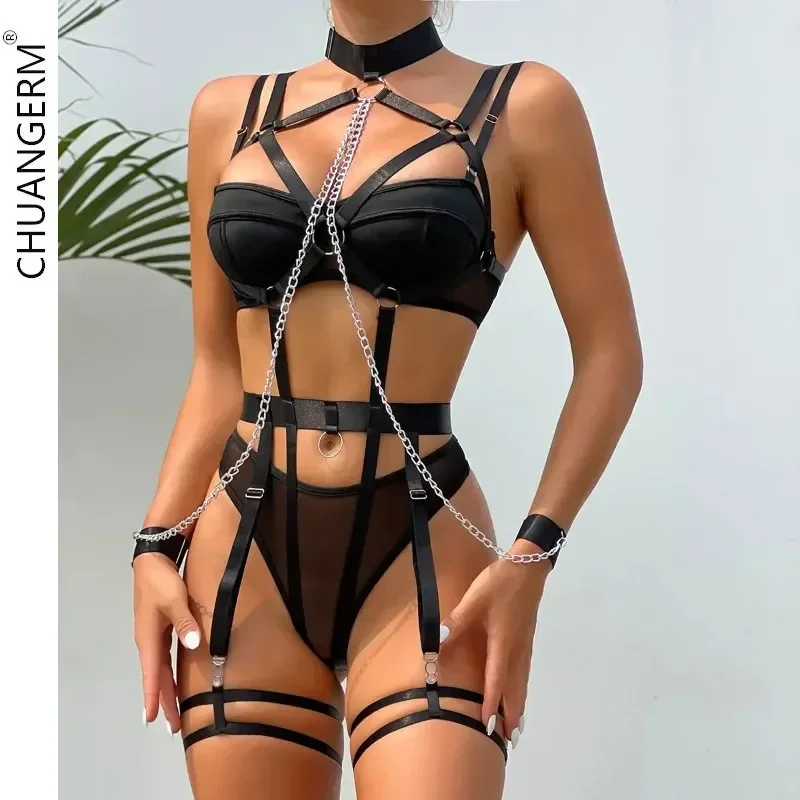 

CHUANGERM Women Sexy Lingerie Bra Set Hot Selling New Product Fun Underwear Sexy Role Playing Chain Four Piece Set Underwear