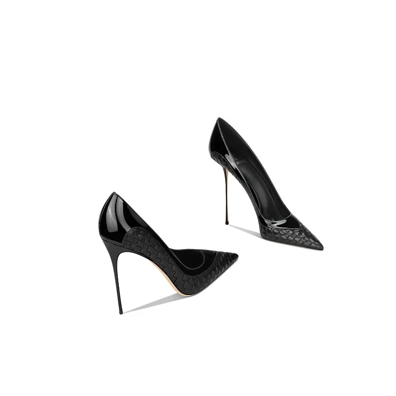 2025 Summer New Black Patent Leather Stiletto Pointed Toe High Heels Women Fashion French Style