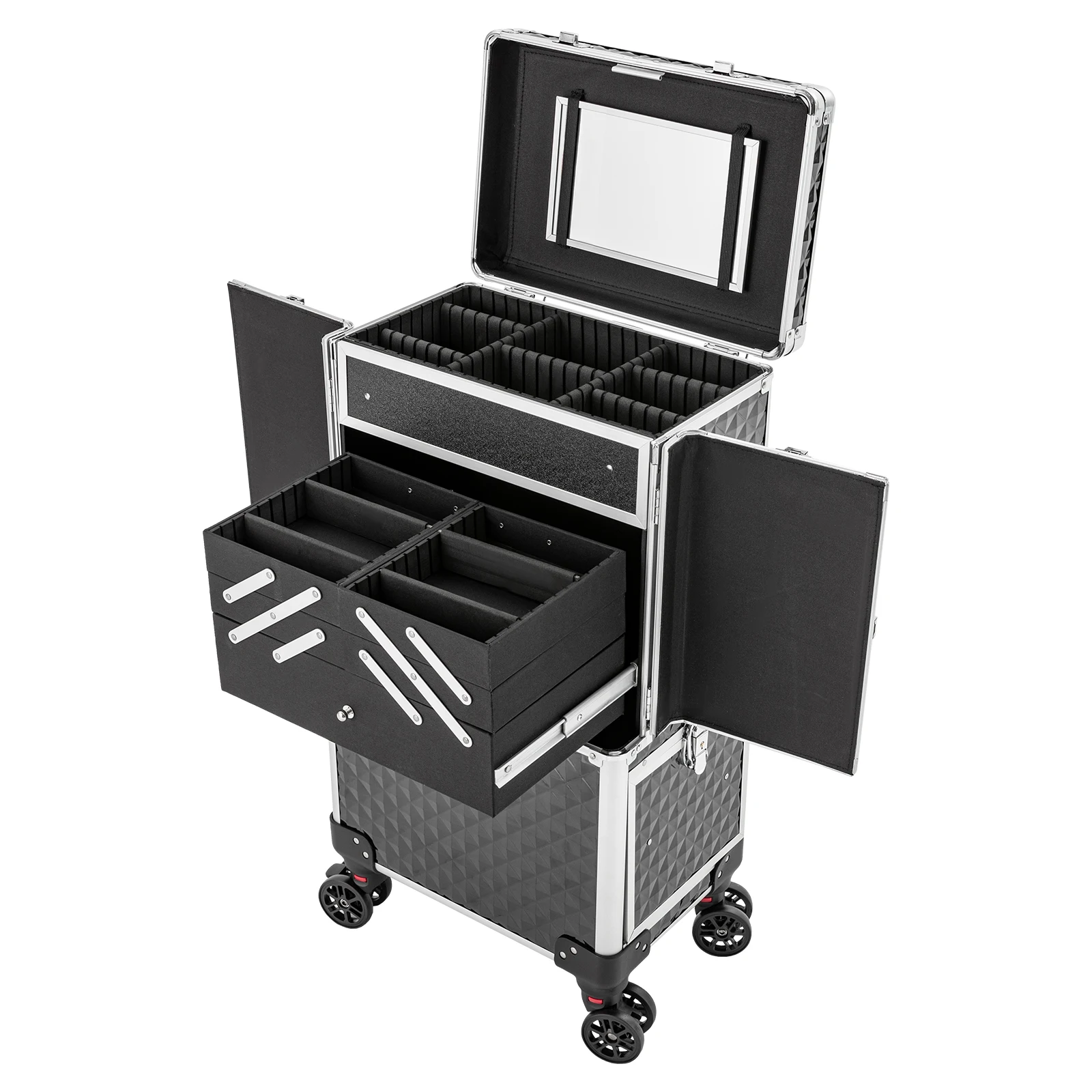 Portable Rolling Makeup Case with Adjustable Trolley Bar, Sturdy Hinges, Spacious Storage, Ideal for Beauty Professionals