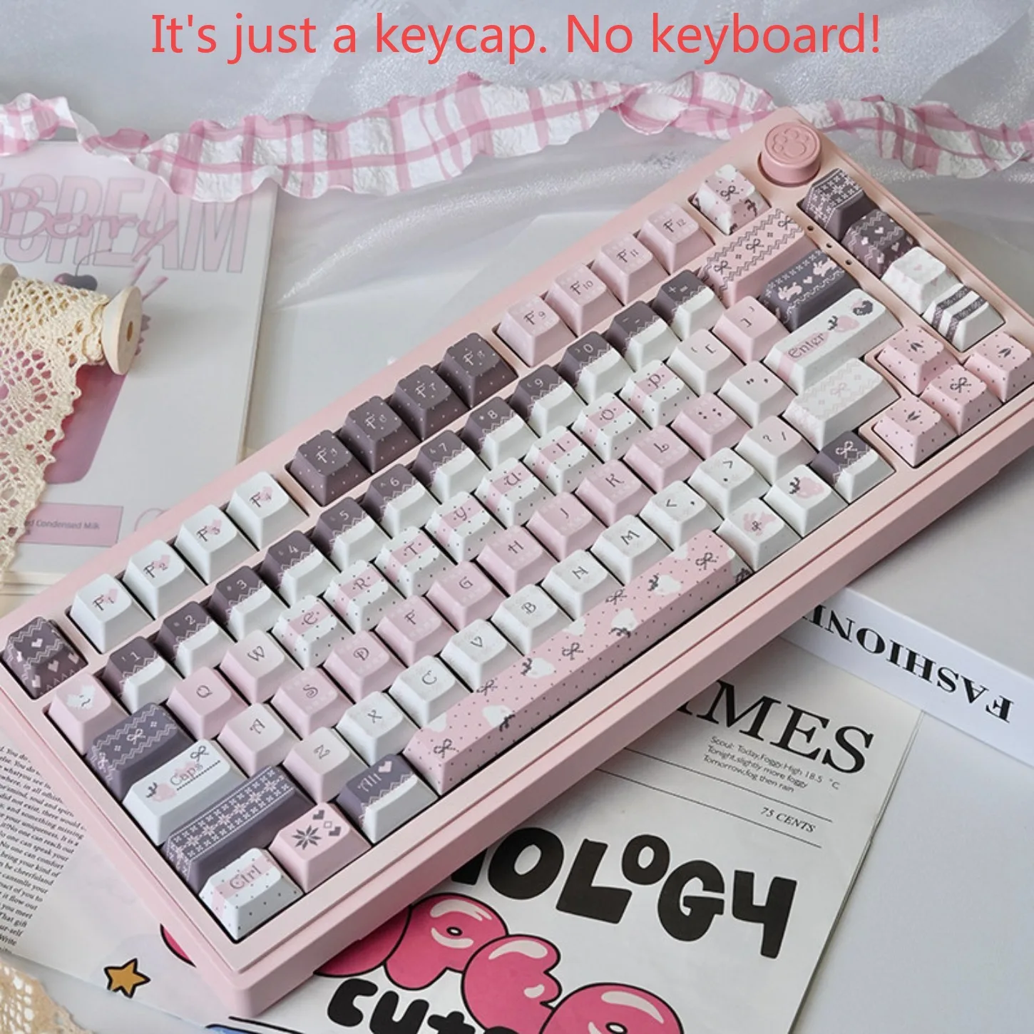 Cute Strawberry Bunny PBT Keycaps 129 Keys Cherry Profile for 61-108 Girls Mechanical Keyboard