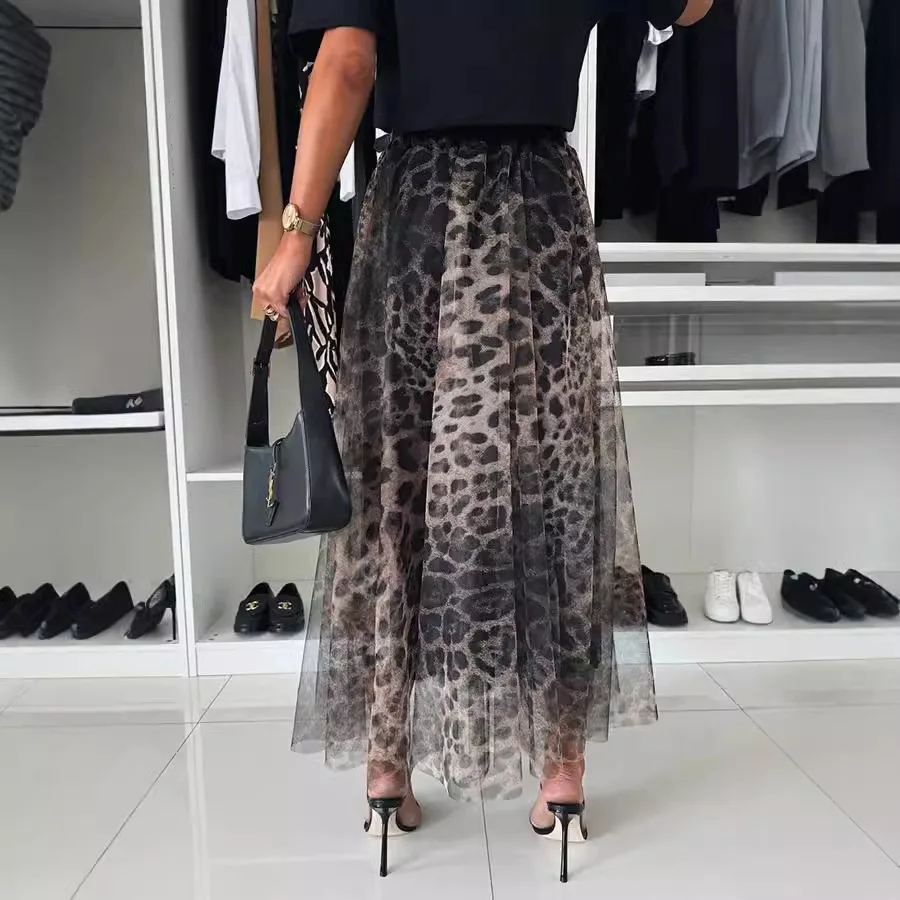 Saia com estampa de leopardo feminina, elástico na cintura, longo, Boho, praia, feriado, Boho, verão, férias