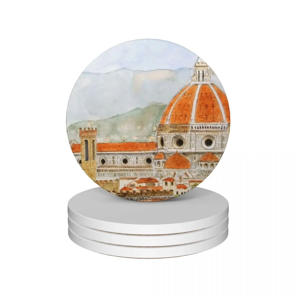 

hand painted Italy Florence Cathedral Duomo watercolor painting with background Ceramic Coasters (Set of 4)