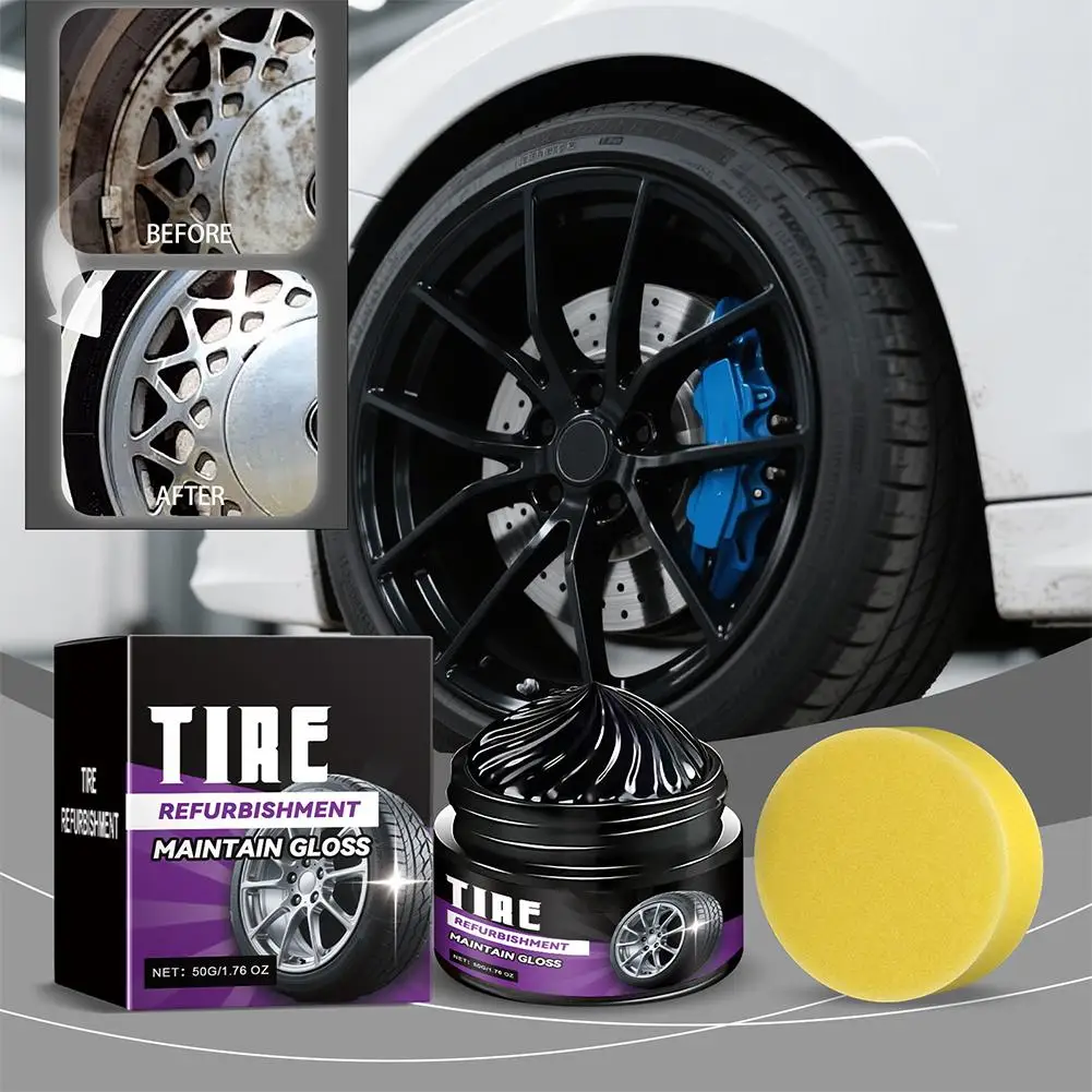 50g Car Tire Coating Wax Shiny Black Restore Tire Gloss Durable Anti-Aging Gloss Enhancer With Sponge Auto Polishing Accessories