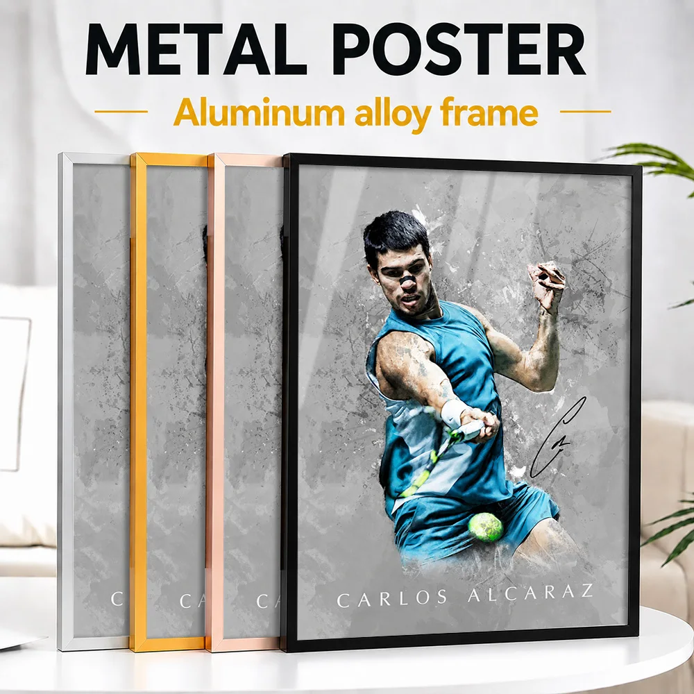 Carlos Alcaraz Tennis Action Shot Framed Metal Print Customized Photo Vintage Club Style Wall Art For Study Memorable Fan Gift