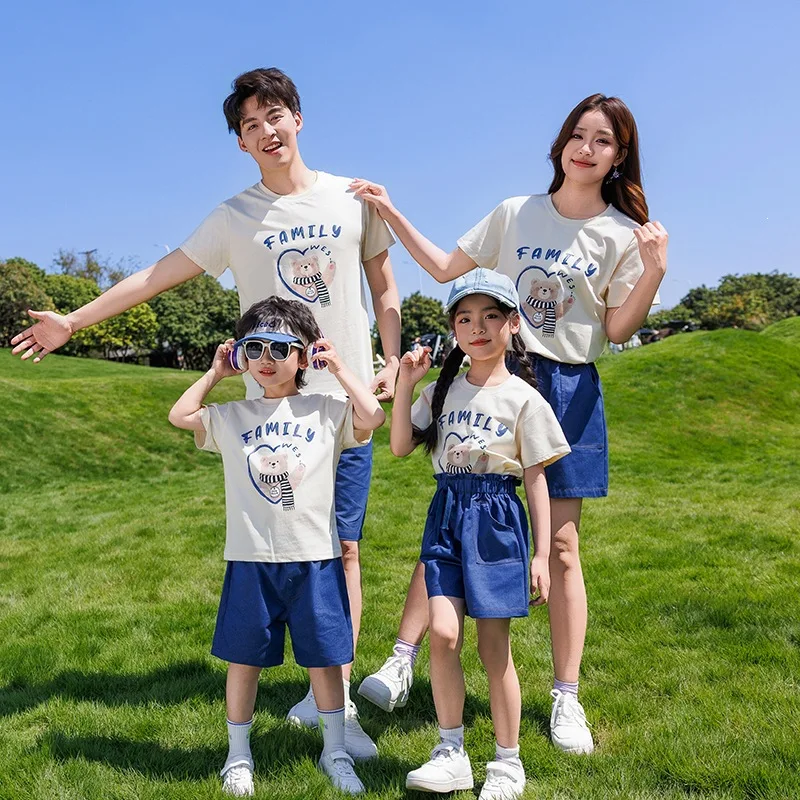

2026 Summer Family Matching Outfit Set Cute Bear Print T-Shirt & Denim Shorts Casual Cotton Outfits for Mom Dad and Kids