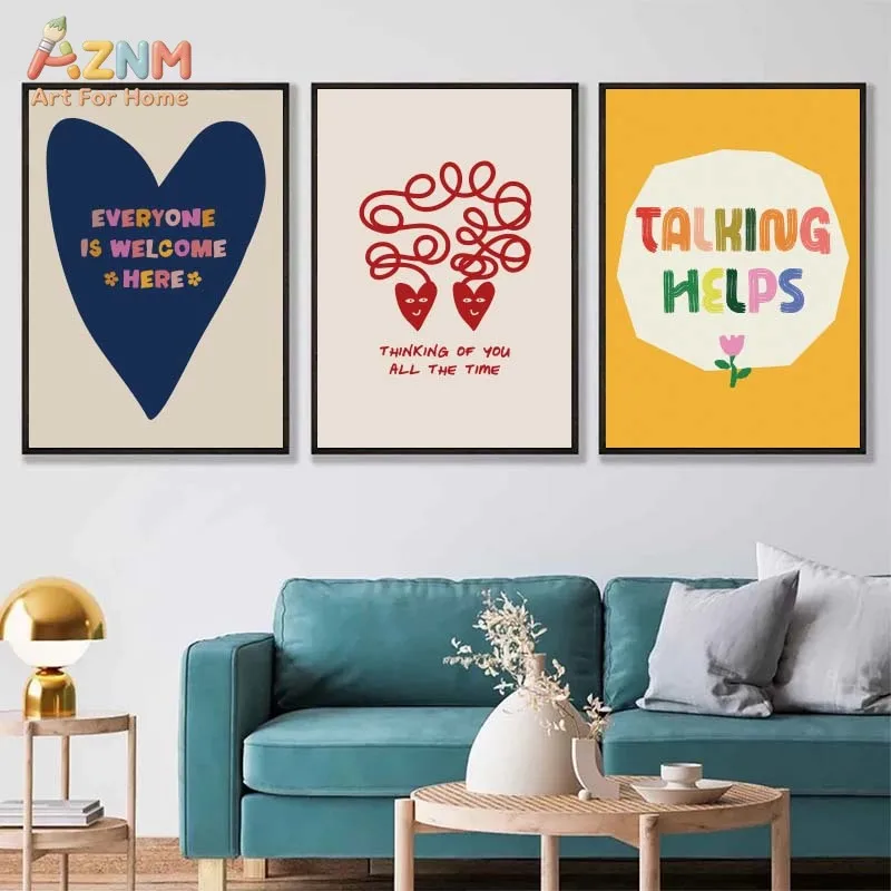 AZNM Colorful Positive Mental Health Quote Canvas Print Kind Self Love Affirmation Heart Text Art Unframed Canvas Wall Art Thera
