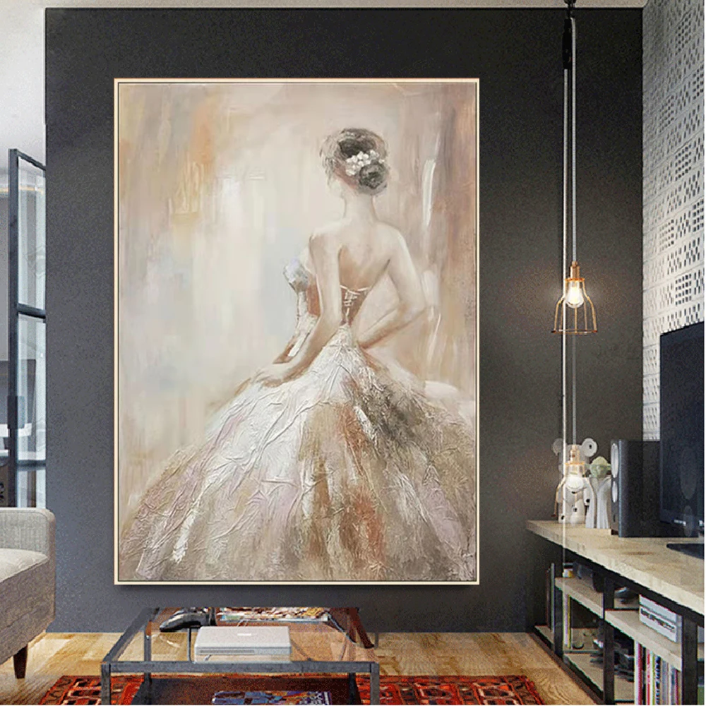 Nordic Elegant Lady Portrait Mural On Canvas Handmade Modern Blue Hat And Dress Women Wall Art Figure Oil Painting Decor Home