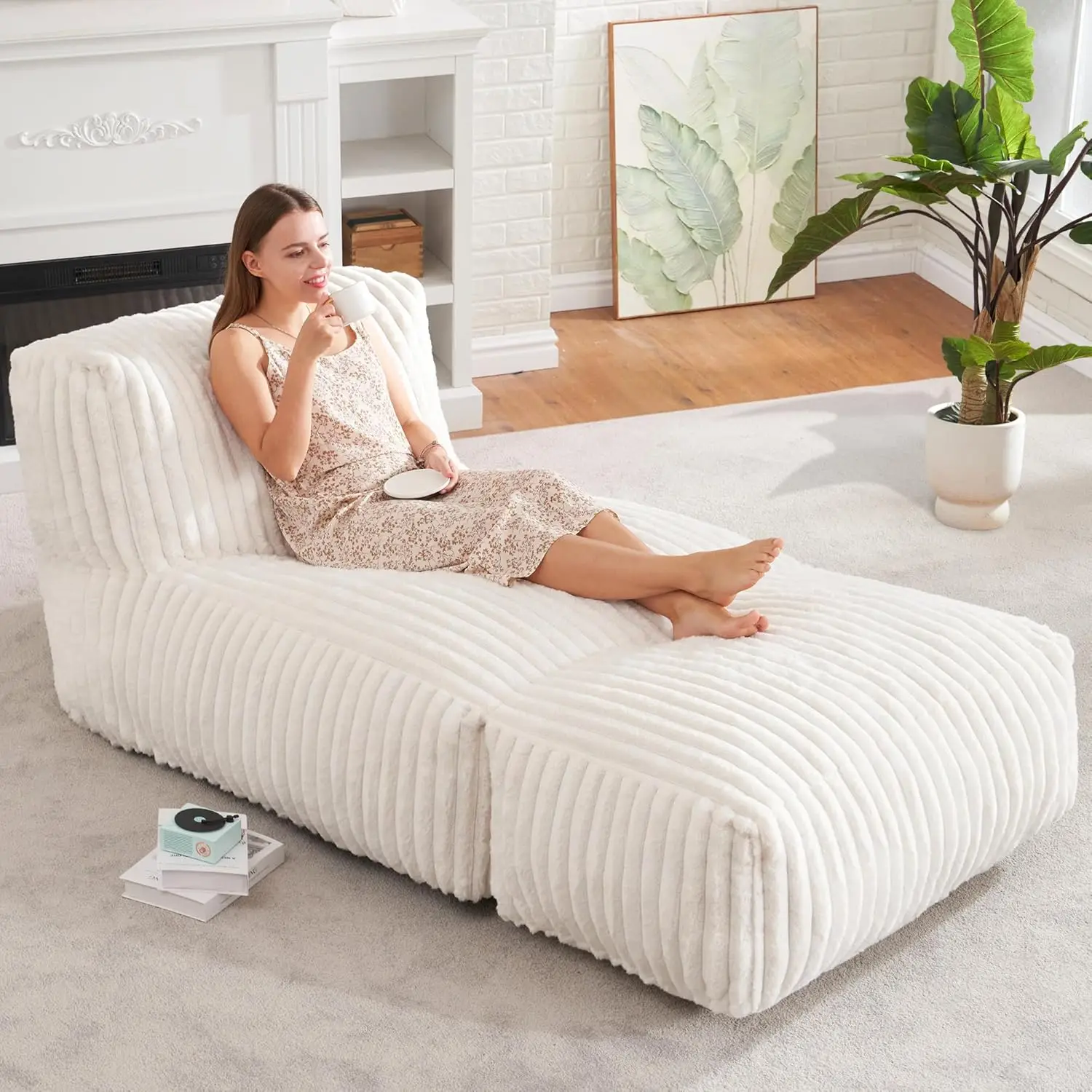 

Large Bean Bag Chair for Adults with Memory Foam - Stripe White, Comfort Lounger for Living Room, Bedroom, or Balcony