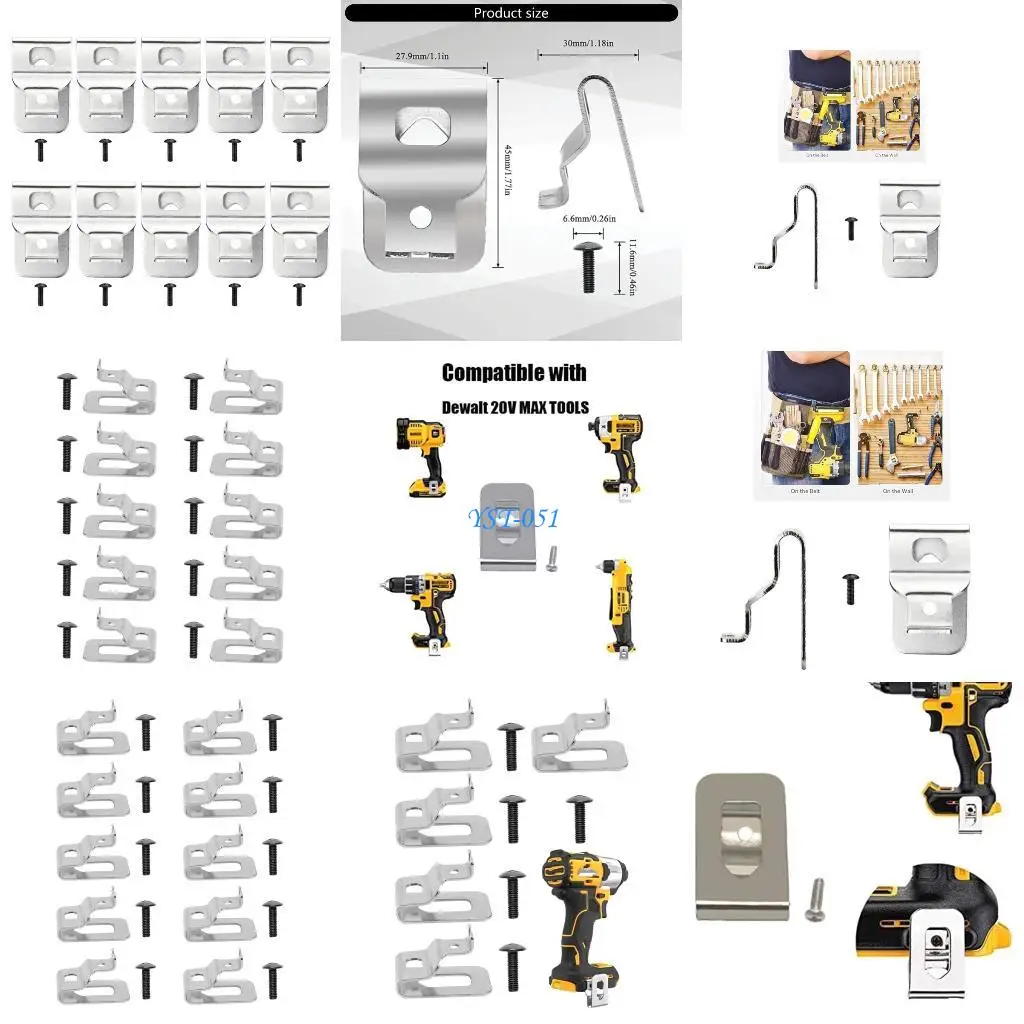 

E15A 10Pcs Nonrust Steel Tool Clip Suitable with 20V Largest Drill Driver Power Tool Belt Holders Waist Clip Set