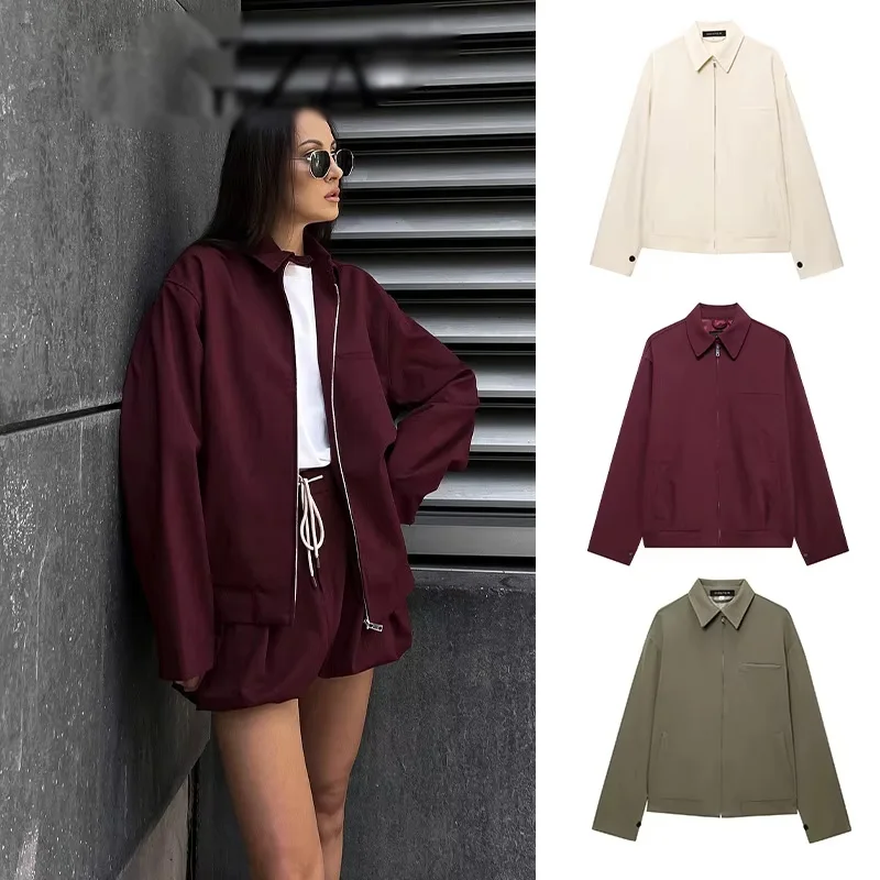 2025 여성용 솔리드 와인 레드 재킷 코트 긴 소매 지퍼 크롭 탑 여성 캐주얼 시크 탑 여성 패션 하이 스트리트