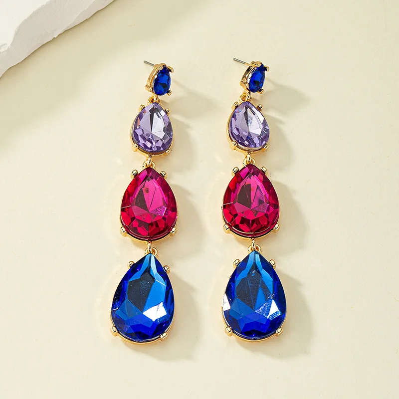 Luxury Water Drop Shiny Fuchsia Blue Crystal Dangle Earrings Women Party Jewelry