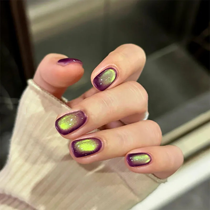 24/30 Stück kurze künstliche Nägel für Frauen und Mädchen, glänzend, Katzenaugen-Effekt, rosa, weinrot, gelb, oliv, quadratische und mandelförmige Spitzen, zum Aufkleben, falsche Nägel