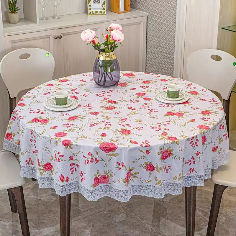 Round Waterproof and Stain-Proof Disposable Tablecloth, Flower Lace, High-end