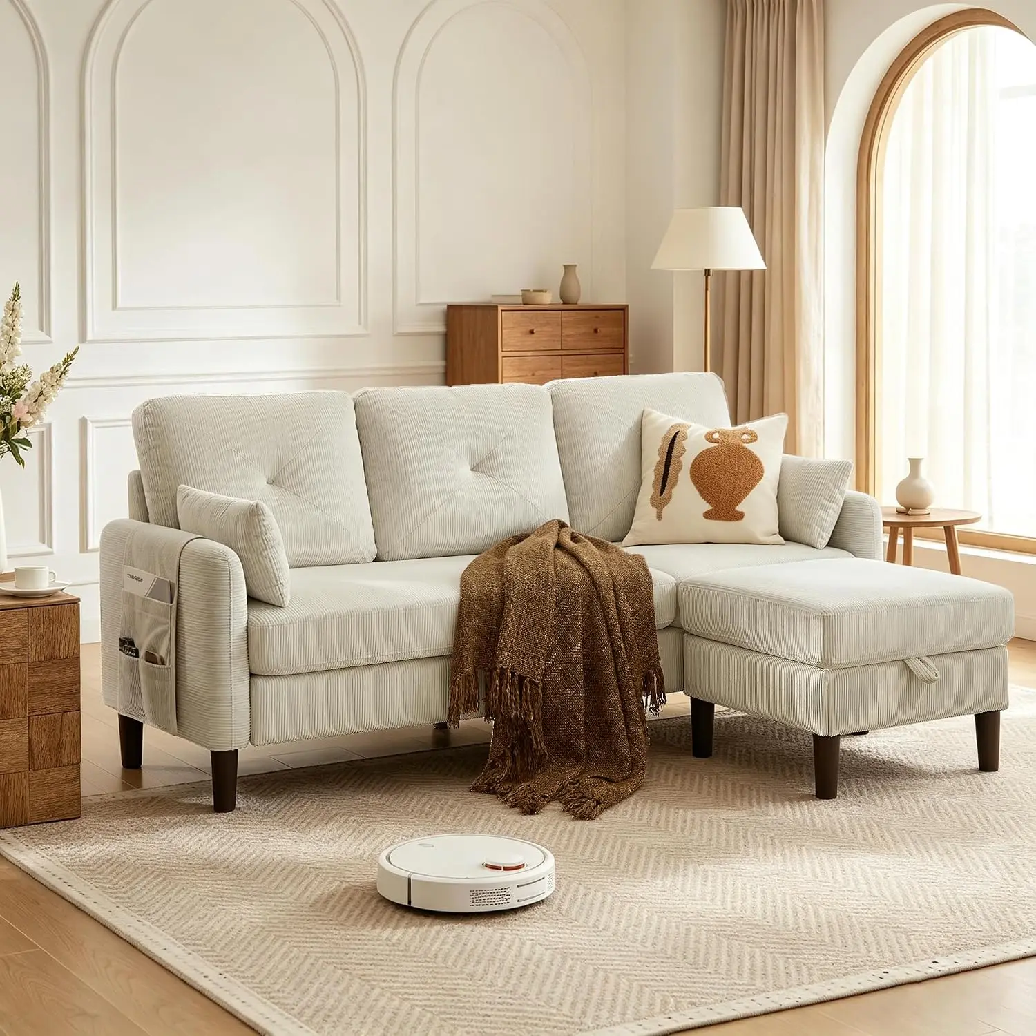 L-Shaped 3-Seat Sofa with Storage Ottoman, Reversible Sectional with Side Pockets & 2 Pillows for Apartment, Corduroy, Customize