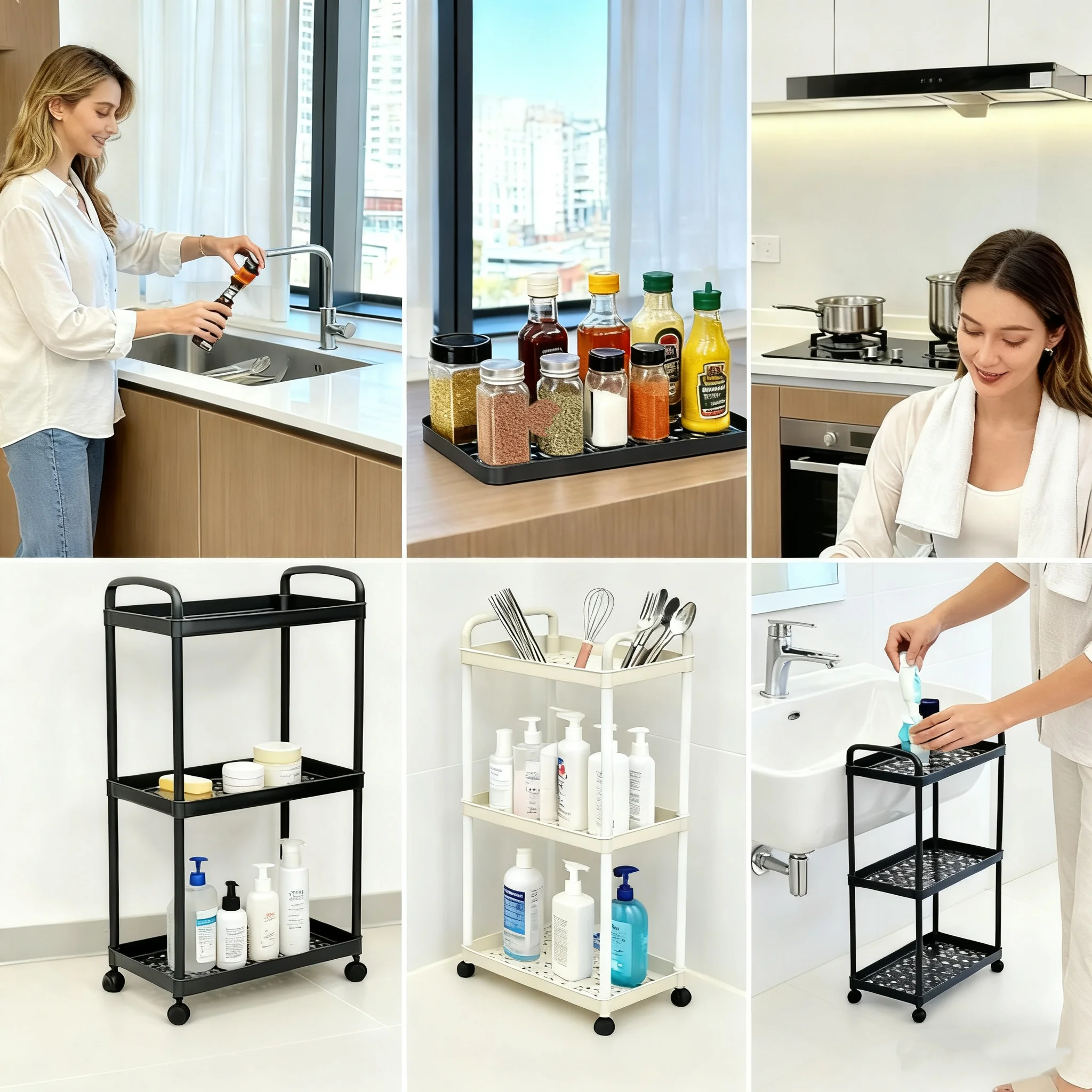 عربة تخزين مكونة من 3/4-Tier، منظم تخزين المطبخ متعدد الوظائف، عربة وحدة رفوف متنقلة مع عجلات للمضرب #6
