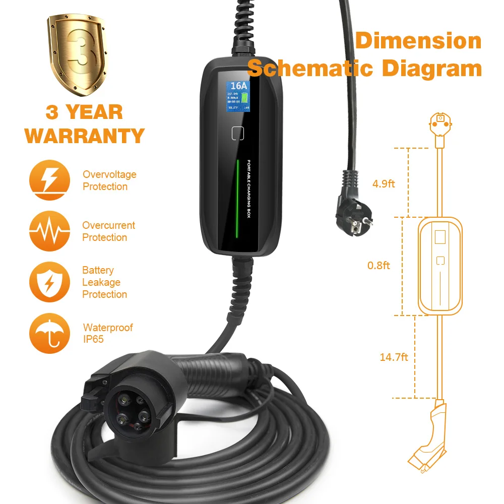 Кабель для зарядки электромобиля уровня 2, 10/16 А, регулируемый ток Schuko Type 1, SAE J1772, состояние зарядного устройства для электромобилей, новый