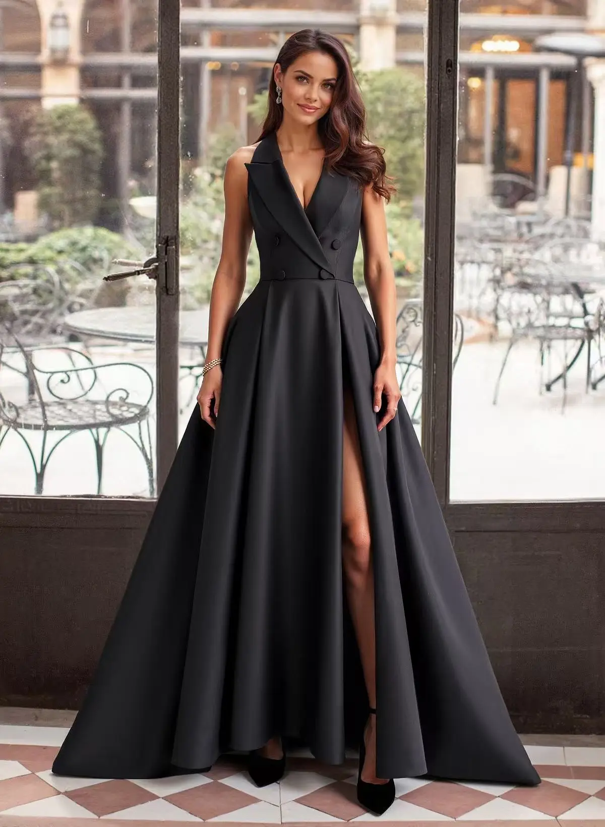 

Customized Temperament Satin A-Line Buttons Evening Dress Graceful Sleeveless V-Neck Floor Length Special Occasion Gowns