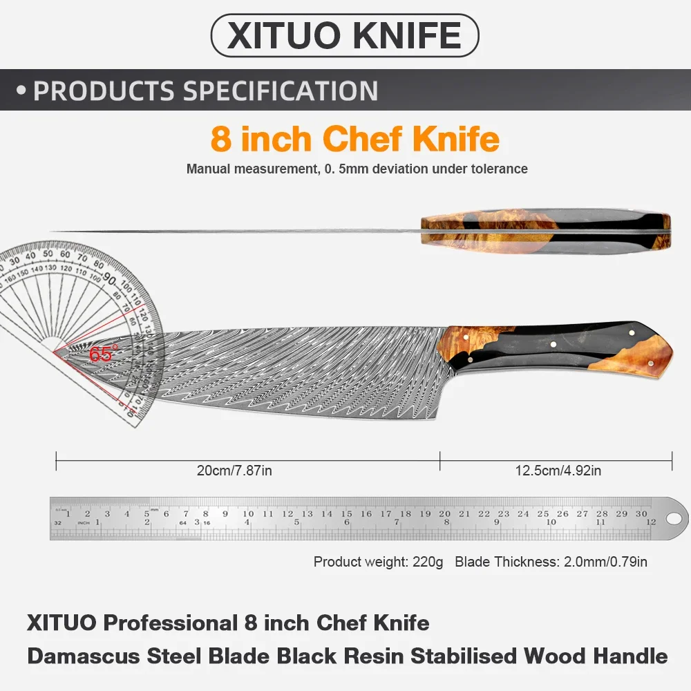 Professional 8 Inch Chef's Knife Handmade Damascus Steel Sharp Kitchen Knife Slicing Knife Resin and Stabilized Wood Handle