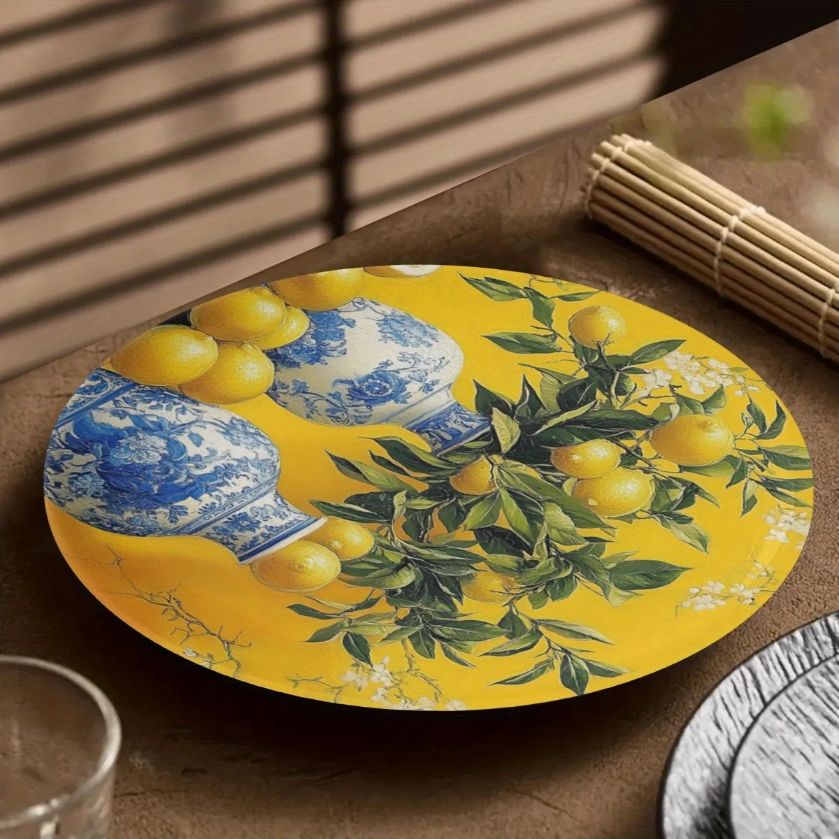 1pc Blue & White Porcelain Lemon Ceramic Wall Plate - Round Lemon-Shaped Art Decor Hanging Plate for Non-Food Display, Ceramic