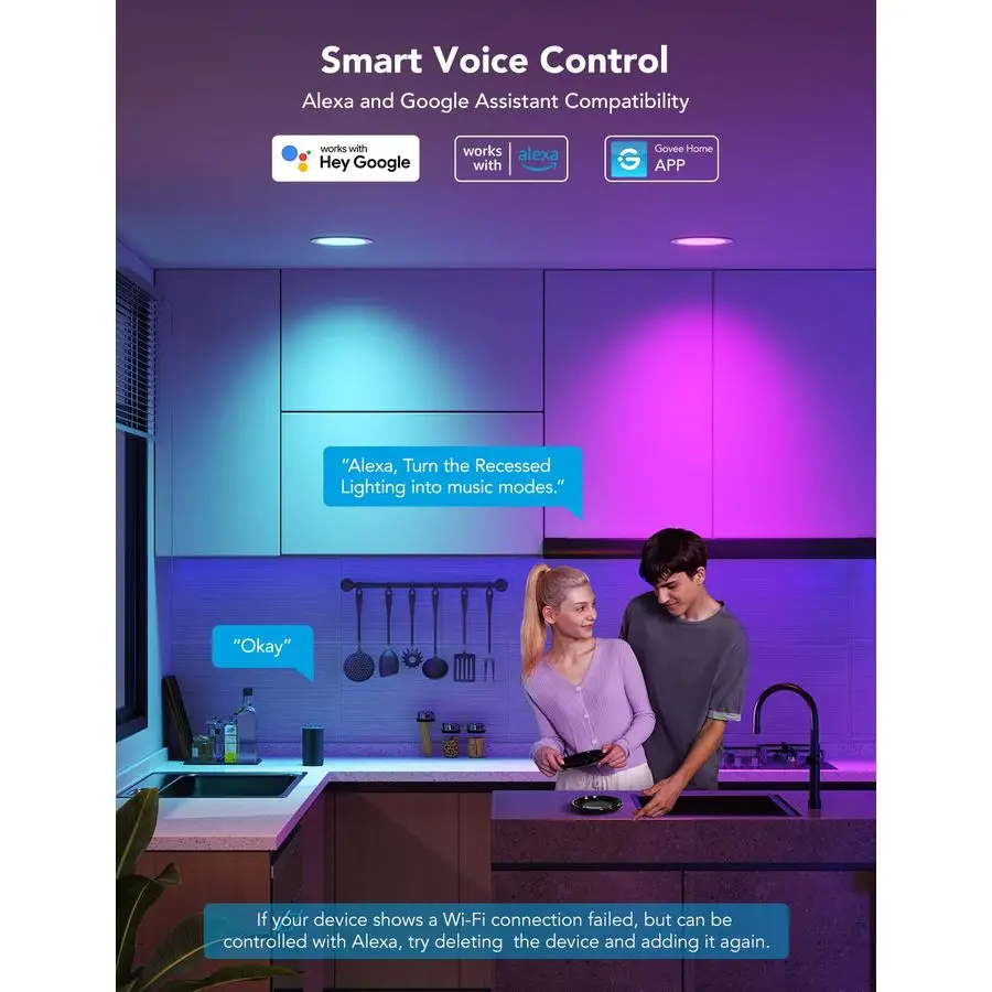 إضاءة ذكية مجوفة مقاس 6 بوصات، توصيل مباشر بلوتوث واي فاي RGBWW LED، وضع 65 مشهد، يعمل مع Alexa amp Google Ass