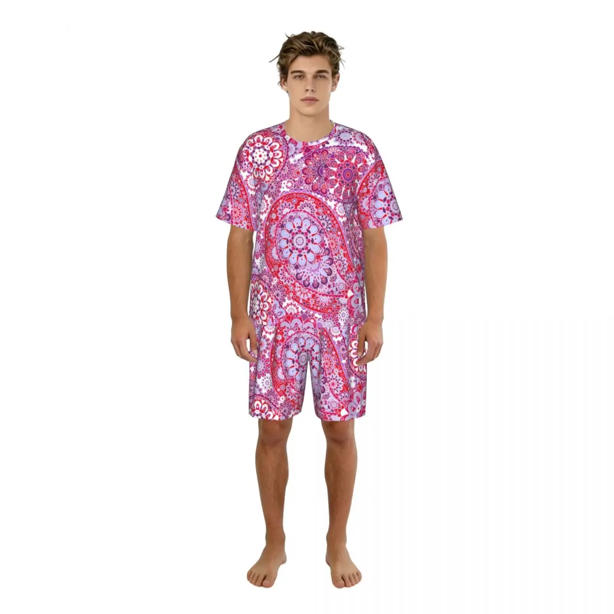 Men's Casual Pajama Set Short Sleeve T-shirt Shorts Orient Bohemian Paisley Pattern Floral Folkloric Home Clothes Sleep Suit