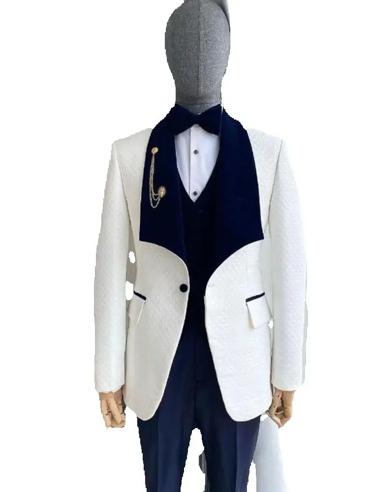 Classic Ivory Jacquard Wedding Tuxedo With Blue Wide Lapel Customized 3-Piece Men Suits Italian Design Groom Blazer ropa hombre