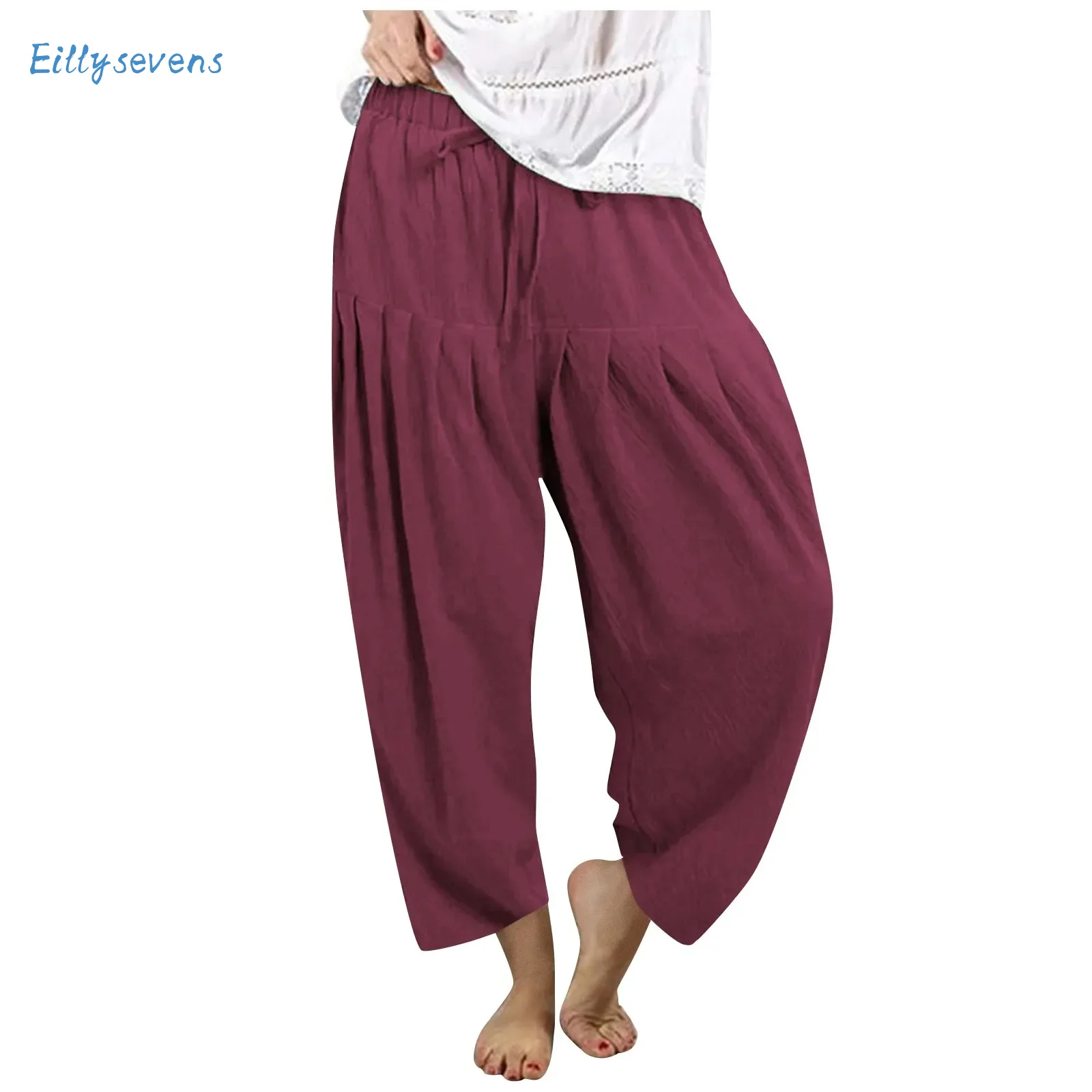 

Women'S Casual Loose Pants Solid Color High Waist Drawstring Comfortable Cropped Pants Summer New Cool Radish Pants Large Size