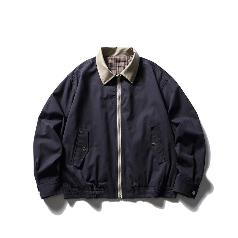 Jaqueta de couro Harrington de gola masculina, casaco bomber, streetwear vintage, jaqueta casual solta, ambos os lados, outono