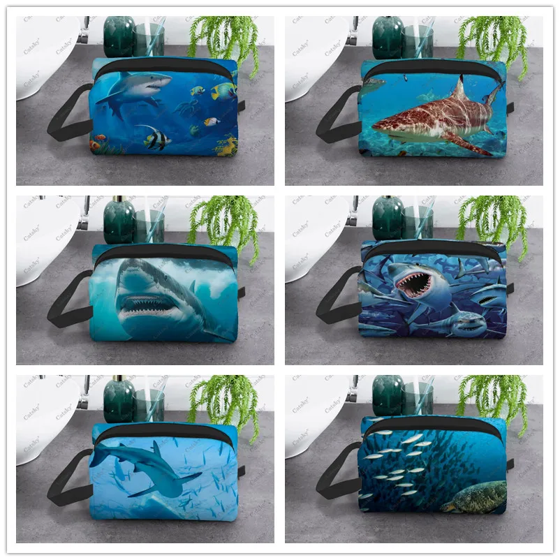 Sac à cosmétiques de grande capacité pour dames, requin nage sous l'eau, coussin, boîte de rangement de beauté, lavage, mode