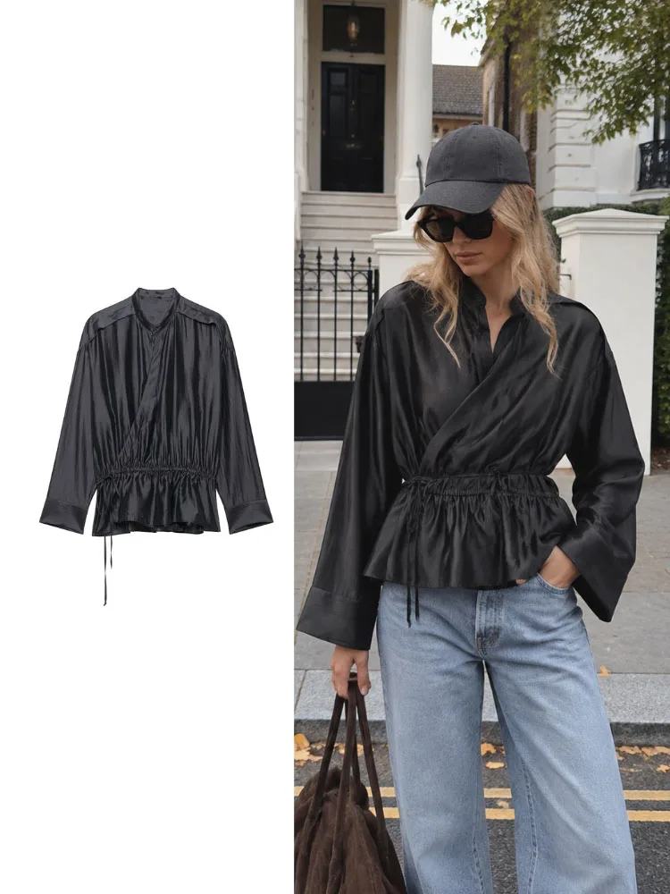 HH Elegant Women Black Satin Blouse Jacket Autumn Winter Casual Loose Fit Long Sleeve Wrap Coat with Waist Tie Ruched Design