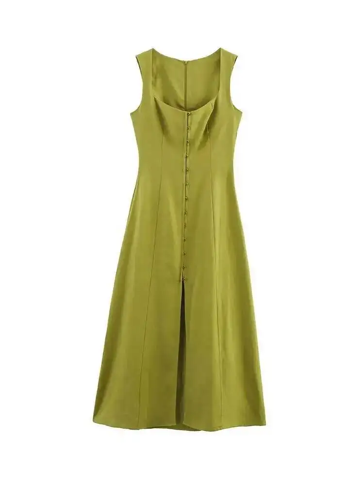 Women's A-line Long Dress Elegant Square Neck Sleeveless Wide Sling Maxi Dresses 2025 Summer Lady Commute Button Dresses TE8R