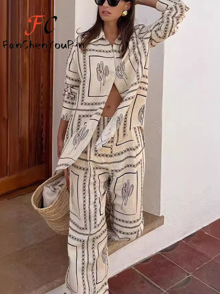 2024 New Spring Summer Loose Fashion Printed Long Sleeve Shirt Top Casual Elastic Waist Wide Leg Pant Beach Holiday 2 Piece Suit