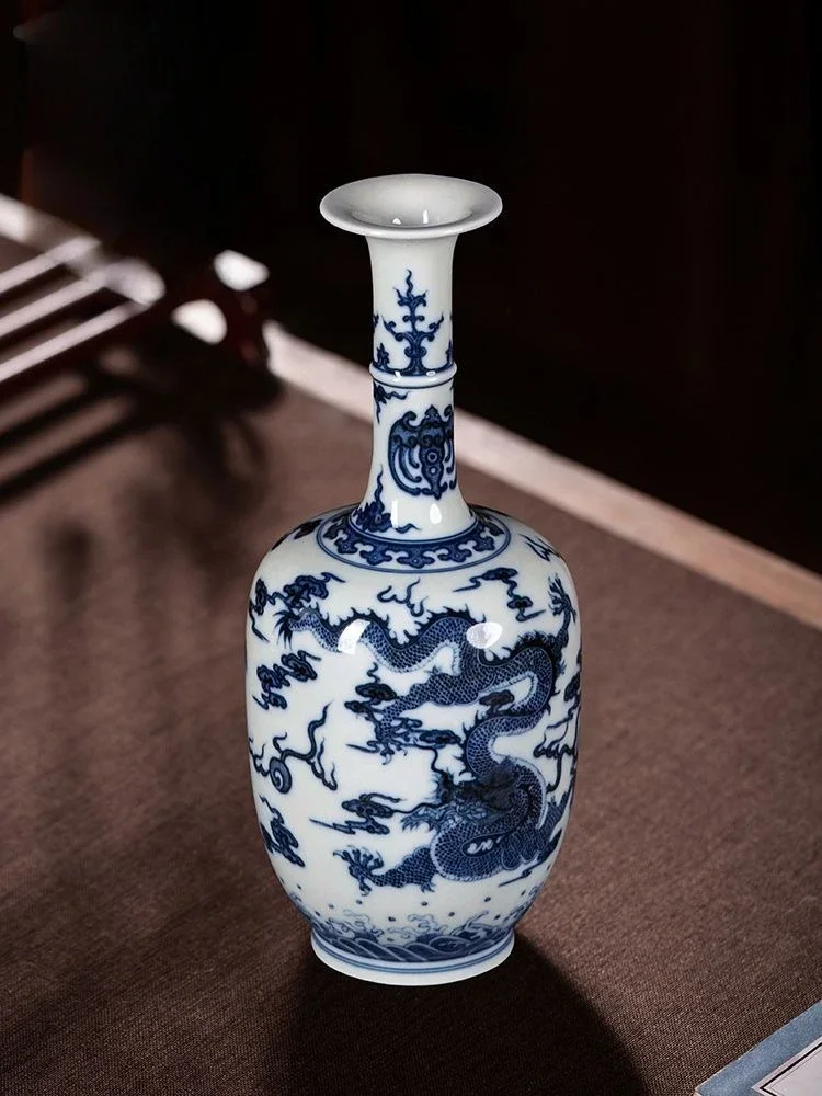 Blue and white ceramic ornament hand-painted fine work double dragon long-necked vase desktop small vase