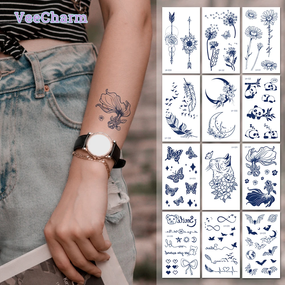 

VeeCharm - Semi-permanent Tattoo Stickers For Women Adults, Fake Tattoo, Sexy Tattoos, Butterfly, Feather, Flower, 12/14 Sheets