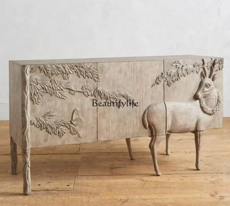 

56 Nordic American retro old solid wood carving flower foyer porch cabinet living room locker