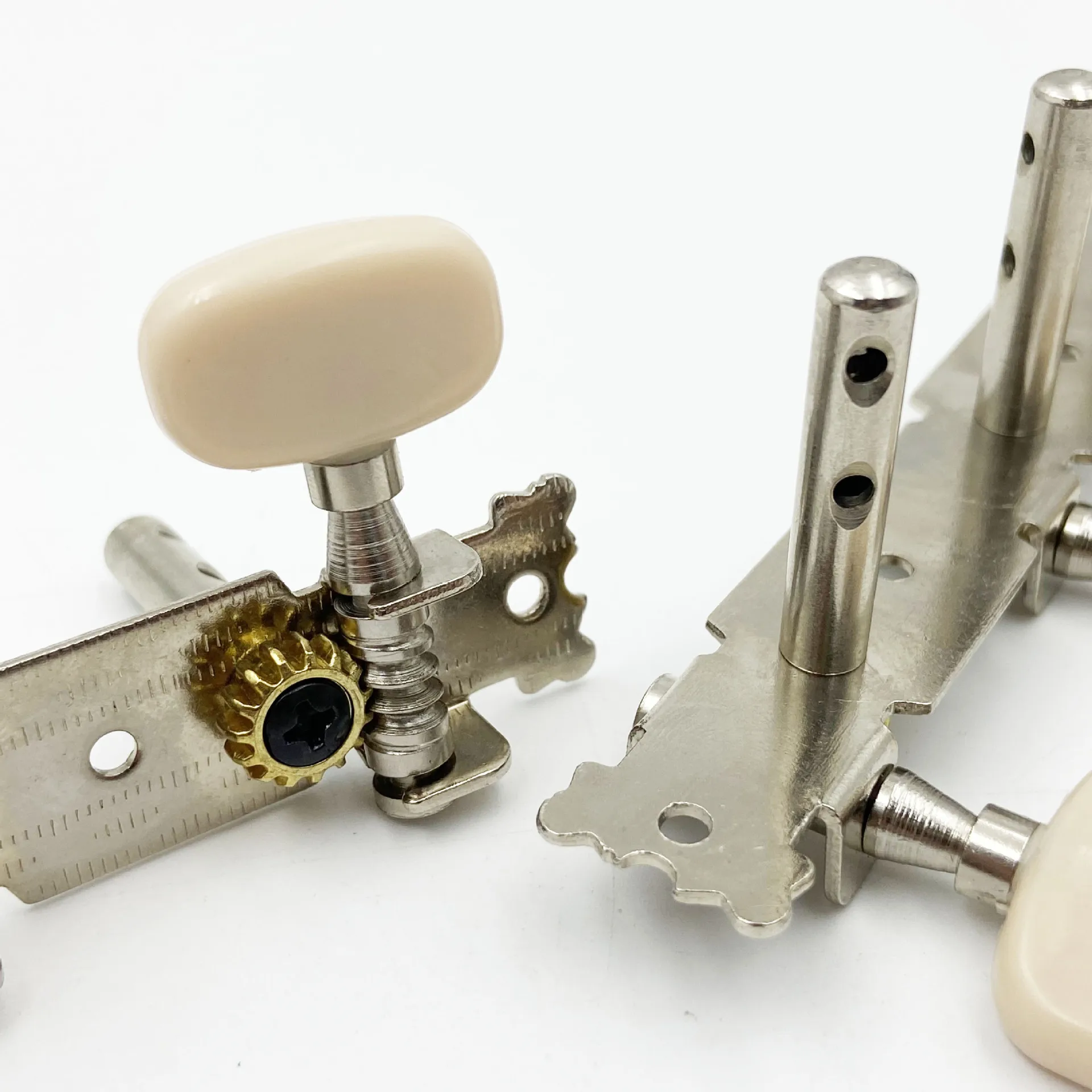Open 3-on-a-Plate Classical Guitar Tuning Pegs Short Post Machine Heads with White Round Buttons & Double Hole Steel Shaft