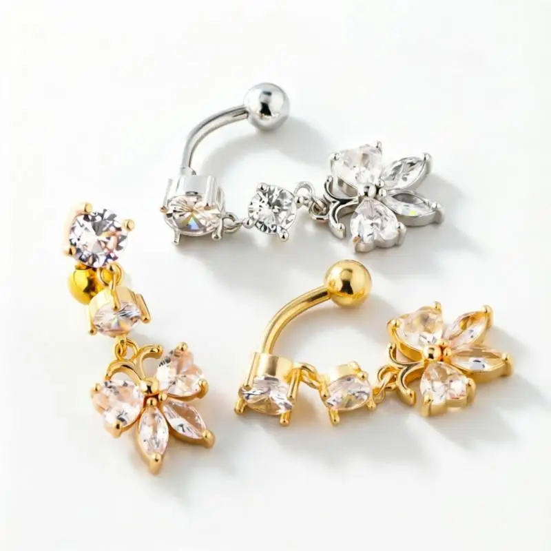 1PCS Stainless Steel Cross-Border Hot-Selling Love Belly Button Ring 14G Tassel Pendant With Zirconia Belly Button Stud