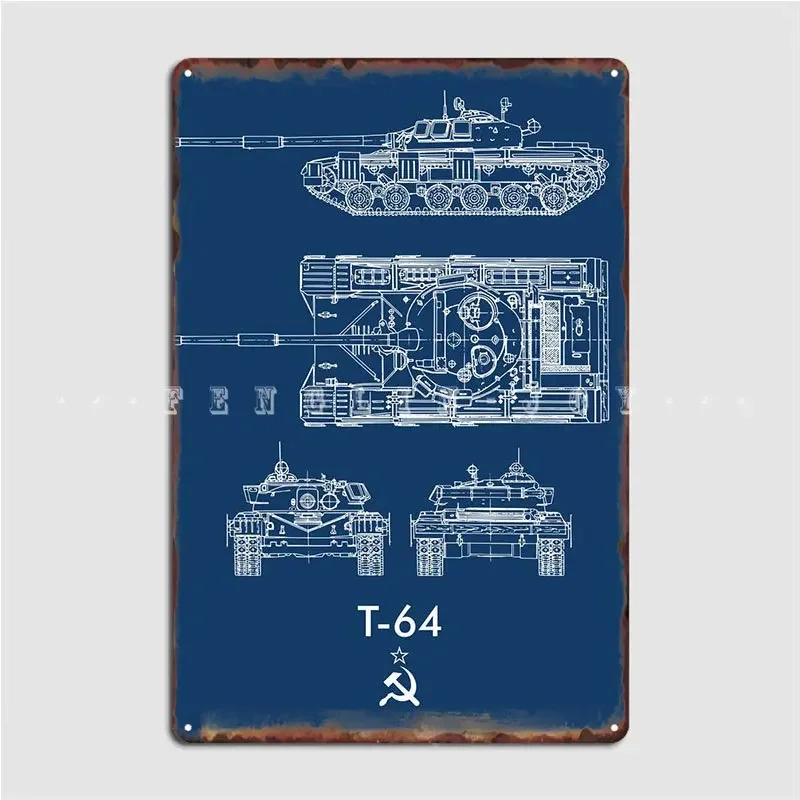 T64 Soviet Tank Blueprint Metal Sign Cinema Living Room Party Retro Wall Decor Tin Sign Poster