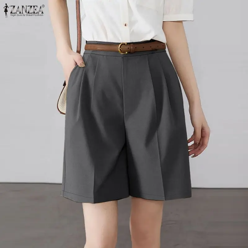 

Летние женские плиссированные шорты с высокой талией, повседневные однотонные шорты с эластичной резинкой на талии, широкие шорты ZANZEA, брюки для повседневной носки.