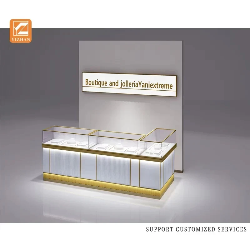 custom.Custom Luxury Stainless Steel Glass Display Cabinet LED Light Decorative Jewelry Showroom Featuring Gemstone Jewelry Disp
