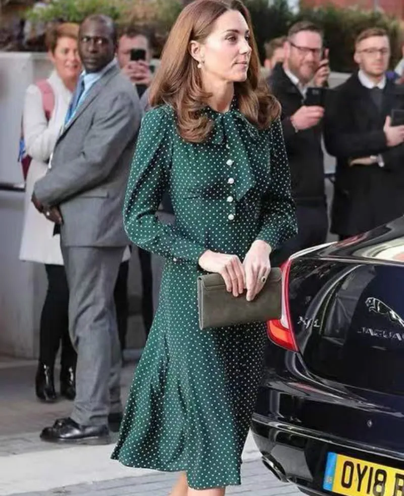 Imagem -05 - Kate Middleton Princesa Bolinhas Vestido Feminino Moda Manga Comprida Vestidos a Linha