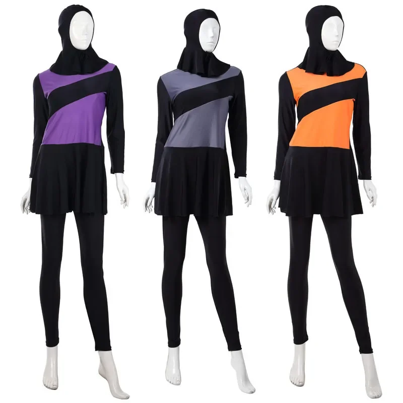 Women Burkini Femme Musulmane Long Sleeve Stretch Sports Swimming Suits 3pcs Hijab Girls Bathing Sets Borkini Islamic Swimwear