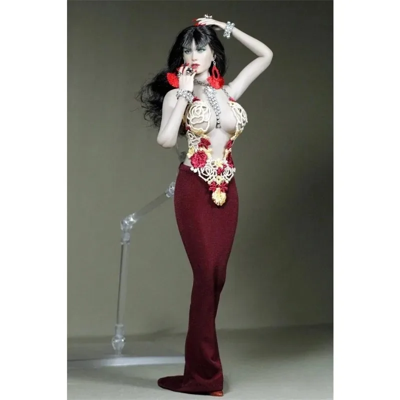 1/6 Scale Fashion Female Action Figures Manual Clothes Model Flower Totem Tops Wine Red Tight Dress Fit 12'' Soldier Doll Body