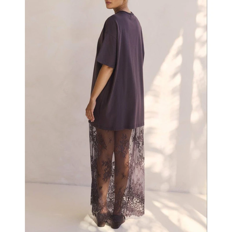 Combhasaki Womens Crew Neck Short Sleeve Summer Casual Loose Fit Y2k Sheer Floral Lace Patchwork Straight Maxi Long Shirt Dress