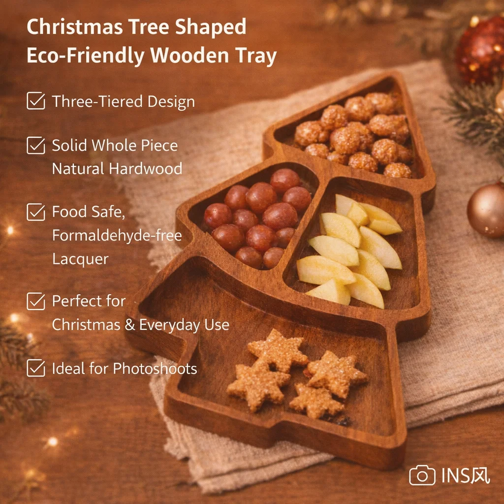 Wood Divided Xmas Serving Tray, Farmhouse Snack Tray for Nuts, Candy, Desserts, Table Decor for Gifts & Jewelry Storage